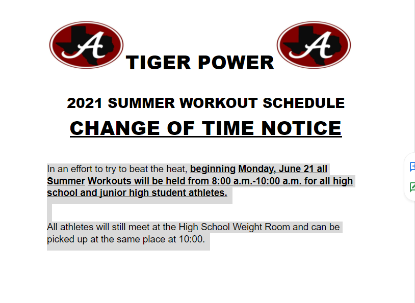 Summer workout change of time notice