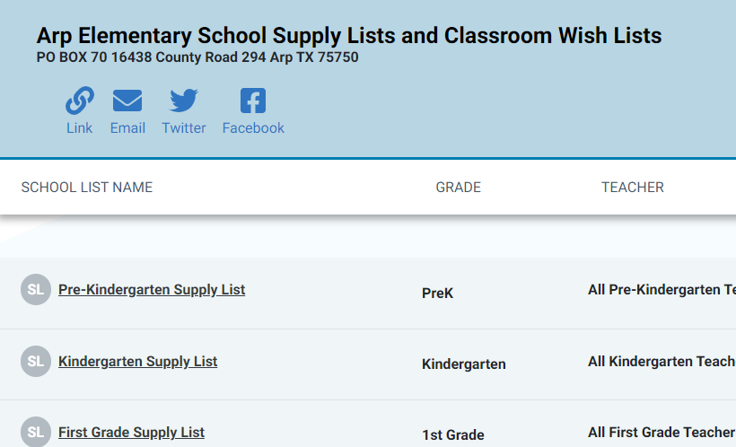 Arp Elementary Supply List
