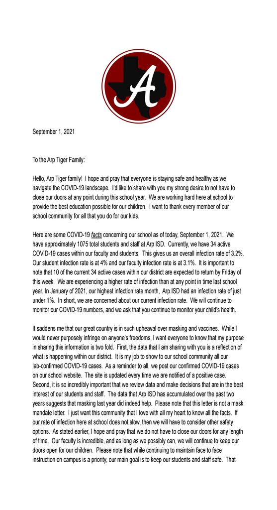 Coach A Letter to the Community 090121a